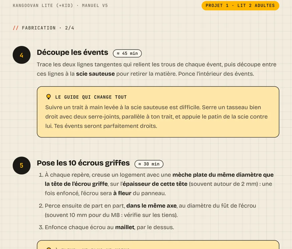 Extrait du manuel : étapes de fabrication numérotées, avec temps et astuce