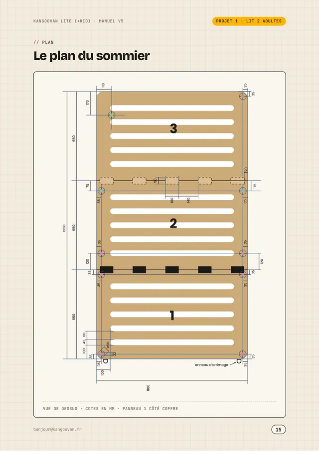 Plan coté du sommier, vue de dessus